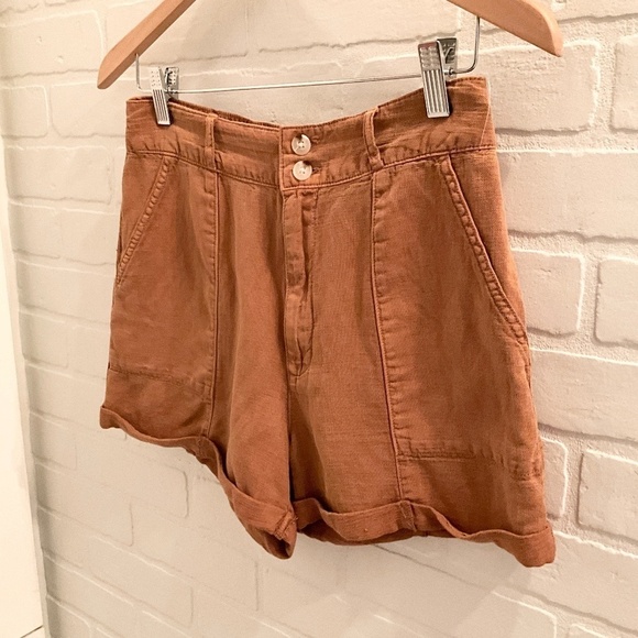 Revolve x Joie Shorts High waisted Linen Lyocell Mustard/Brown/Cinnamon 2 - Picture 4 of 10
